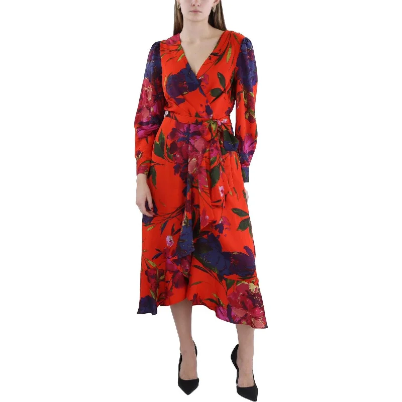 Silk Dresses for Luxurious -Tahari ASL Womens Floral Print Tea Length Wrap Dress