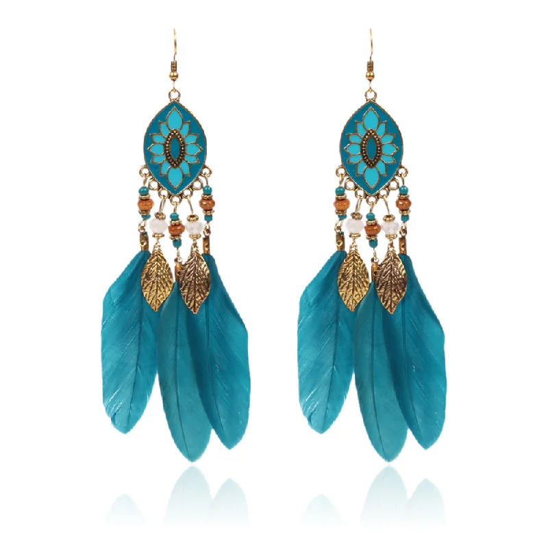 Gemstone and Diamond Drop Earrings for Opulence -Wholesale Bohemian Ethnic Style Leaf Feather Alloy Earrings