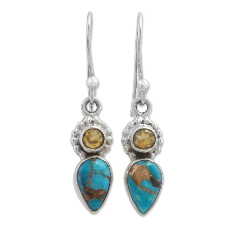 Rhinestone Drop Earrings for Sparkle -Handmade Sterling Silver 'Watery Allure' Citrine Turquoise Earrings (India) - 1.4*0.3