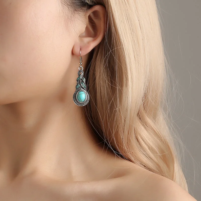 Drop Earrings for Wedding Ceremony -Wholesale Fashion Vintage Blue Crystal Inlaid Turquoise Earrings