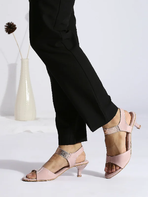 Trendy sandals for women with lace-up details and bold color accents for style-Womens Peach Party Wear Solid Round Toe Heels