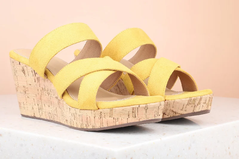 Comfortable sandals for women with adjustable ankle straps for personalized fit-Women Yellow Wedge Heels