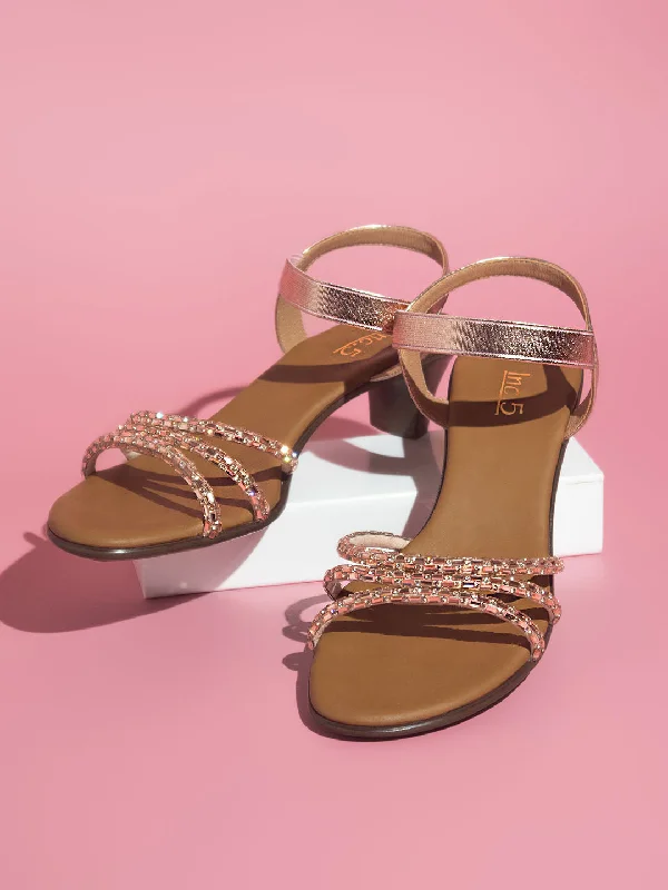 Elegant sandals for women with metallic straps and open-toe design for parties-Women Rose Gold Textured Block Heels