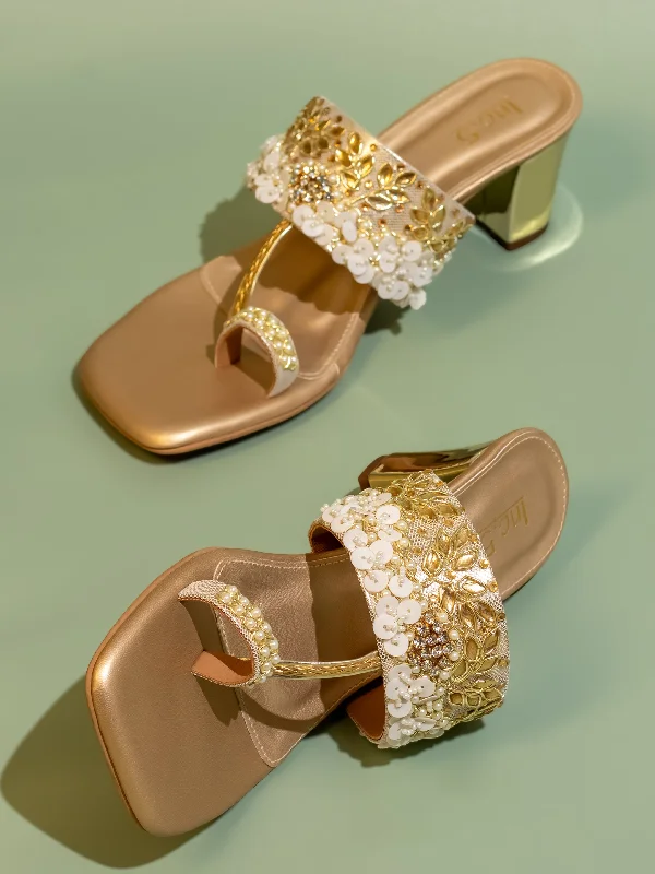 Stylish sandals for men with leather straps and simple yet sophisticated design-Women Gold Ethnic Embellished One Toe Block Heels