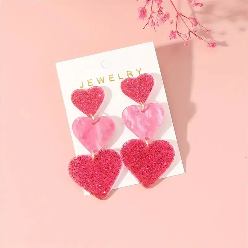 Magnetic Closure Drop Earrings for Easy -Wholesale Valentine's Day Three Layer Heart Pink Acrylic Earrings