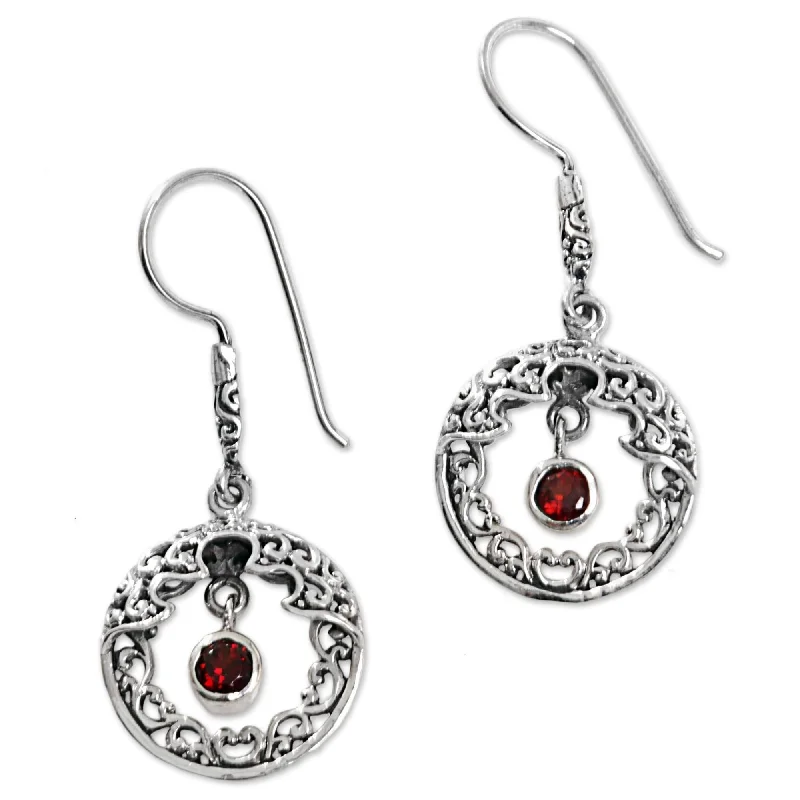 Heart Shaped Drop Earrings for Love -Sterling Silver 'Cage of the Sun' Garnet Earrings - 18mm W * 41mm L