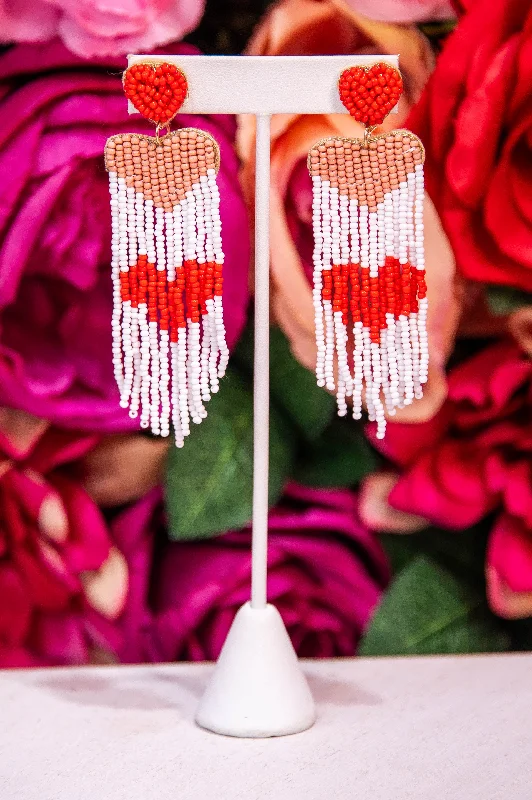 Drop Earrings for Graduation Day -Red/White Seed Beads Heart Tassel Earrings - EAR4462RD