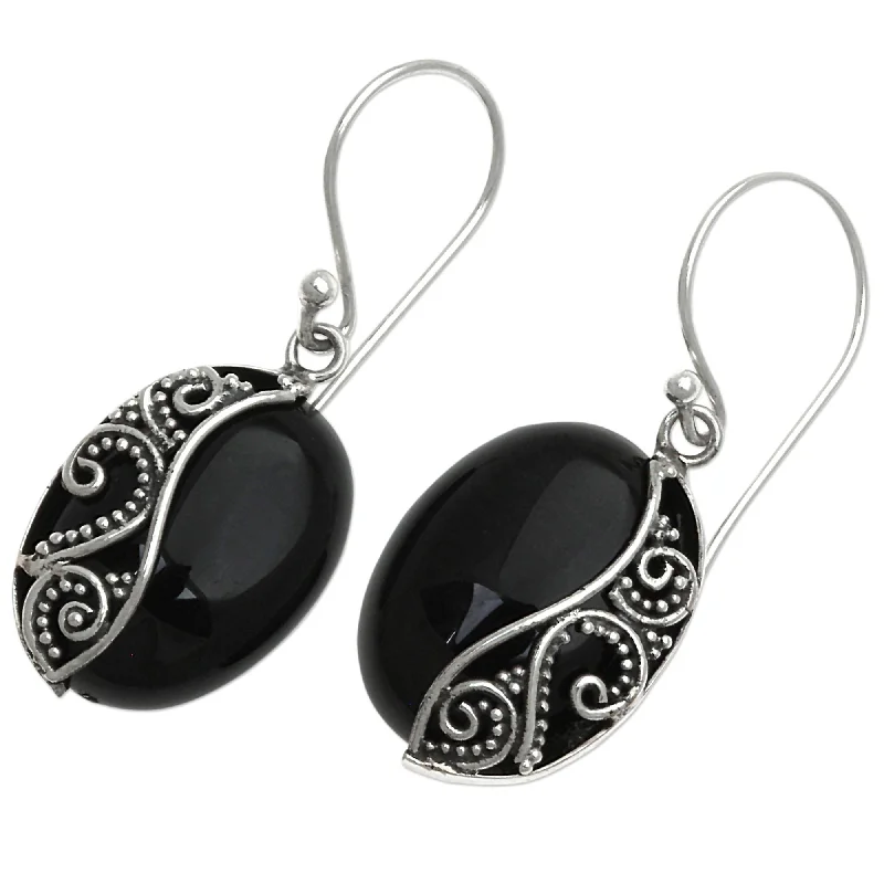 Drop Earrings with Textured Surface -Sterling Silver Serene Night Onyx Earrings (Indonesia) - 1.4L*0.6W