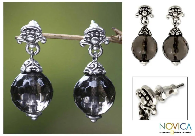 Bohemian Drop Earrings with Tassels -Handmade Sterling Silver 'Regal Elegance' Smoky Quartz Earrings (Indonesia)