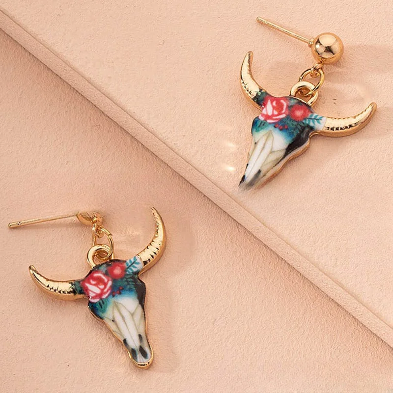 Gemstone Drop Earrings for Color -Wholesale Fashion Western Style Colorful Bull Head Earrings