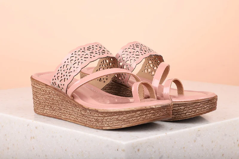 Stylish sandals for men with leather straps and simple yet sophisticated design-Women Peach Wedge Heels with Laser Cuts