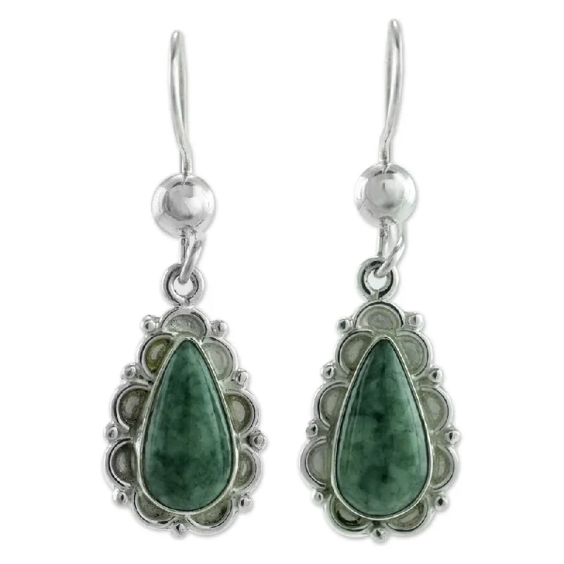 Clip On Drop Earrings for Non Pierced -Handmade Sterling Silver 'Blossoming Dew' Jade Earrings (Guatemala)