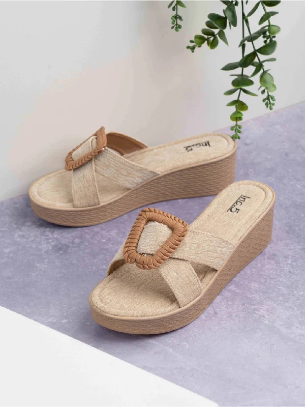 Fashionable sandals for women with fringe details and cushioned footbed for all-day wear-Womens Beige Casual Solid Round Toe Wedge Heels