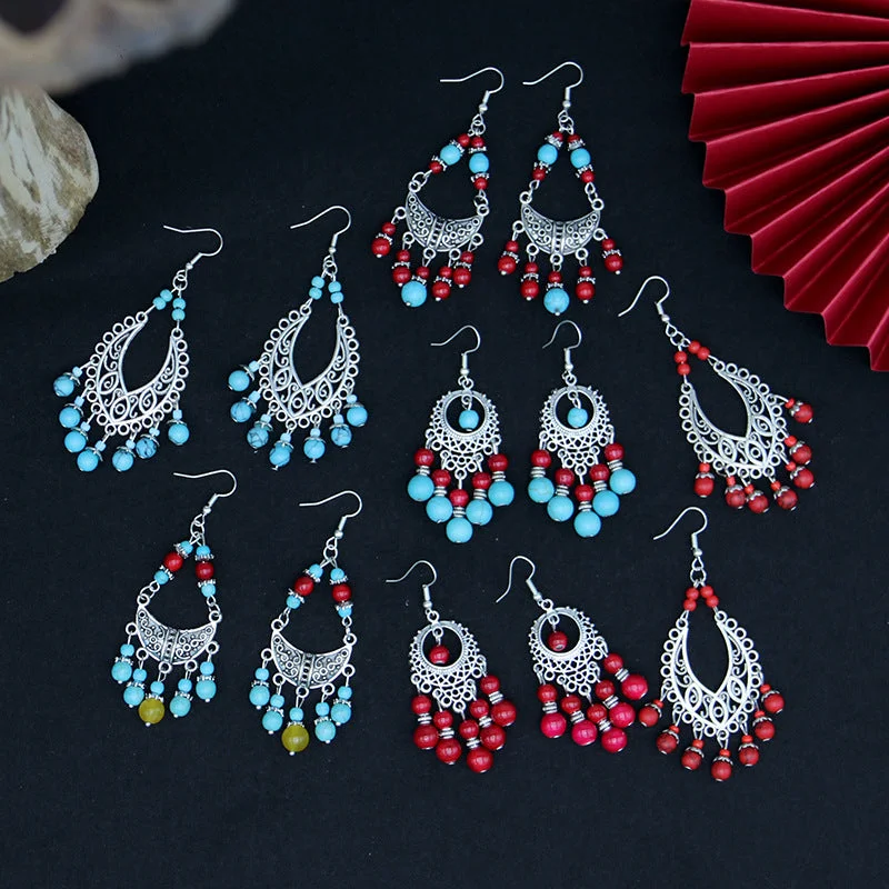 Drop Earrings with Crown Designs -Wholesale All-match Vintage Turquoise Tassel Earrings