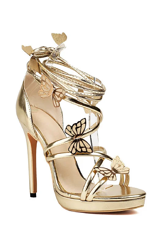 Beach sandals for men with quick-drying material and adjustable straps for outdoor wear-Women's Golden Metallic Strappy Stilletos Heels Sandals Shoes with Butterfly