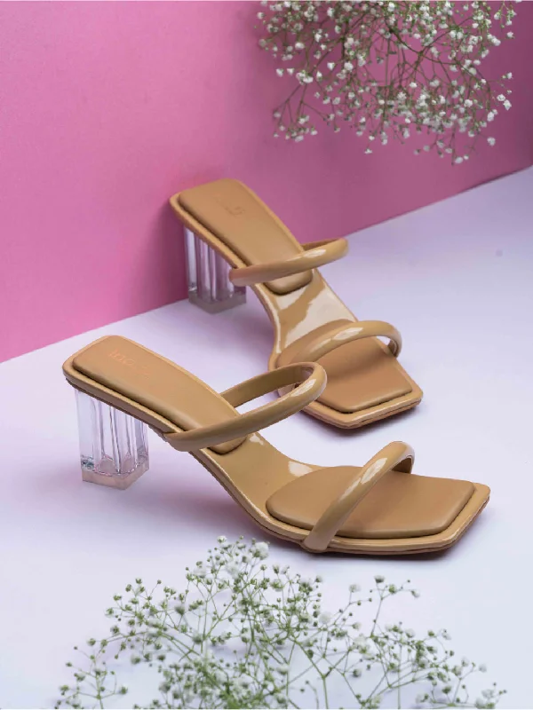 Comfortable sandals for men with wide straps and secure fit for daily use-Womens Beige Party Wear Striped Square Heels