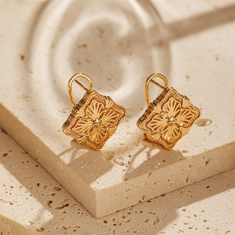 Drop Earrings for Work Attire -Wholesale Engraved Lace Vintage Square Gold Plated Earrings