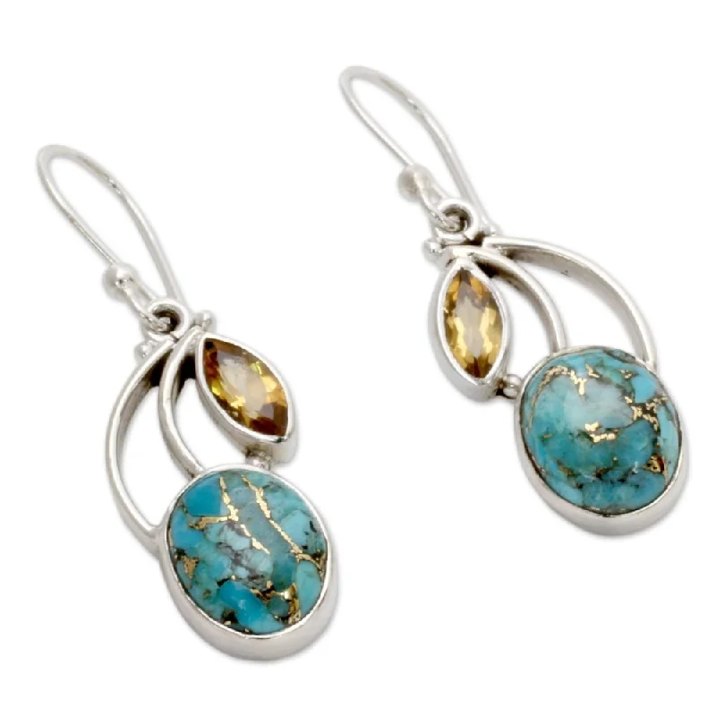 Drop Earrings with Leaf Motifs -Handmade Sterling Silver Mystique Citrine Turquoise Dangling Earrings (India)