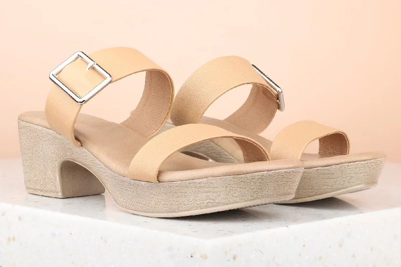 Slip-on sandals for women with adjustable straps and flexible material for comfort-Women Beige Solid Platform Heels