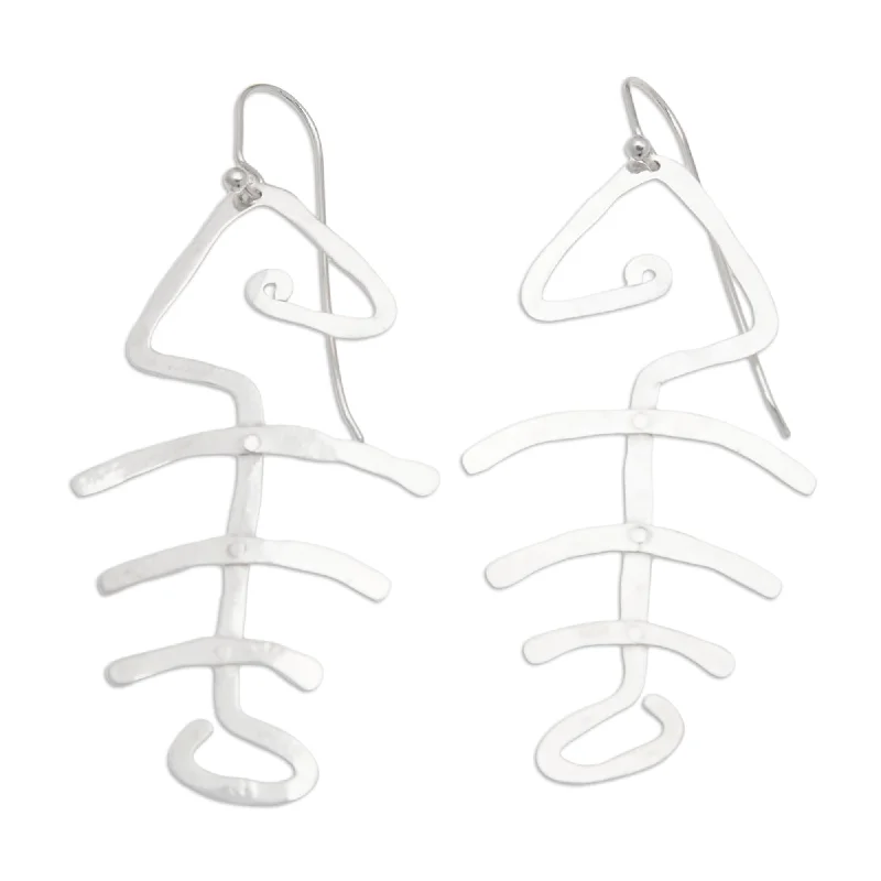 Studded Drop Earrings with Gemstones -Sterling Silver 'Bone Fish Bone' Earrings (Indonesia) - 2.8L*1.2W