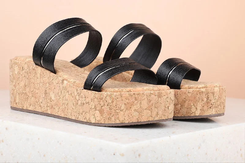 Casual sandals for women with cork footbed and crisscross strap design for style-Women Black Wedge Sandal Heels