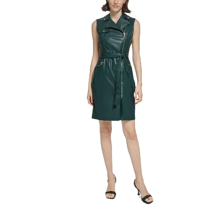 Denim Dresses for Casual Style -Calvin Klein Womens Moto Faux Leather Wear To Work Dress