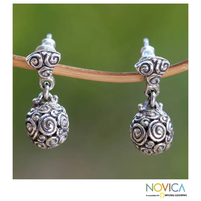 Retro Drop Earrings for Nostalgia -Handmade Sterling Silver 'Spiral Spheres' Earrings (Indonesia)