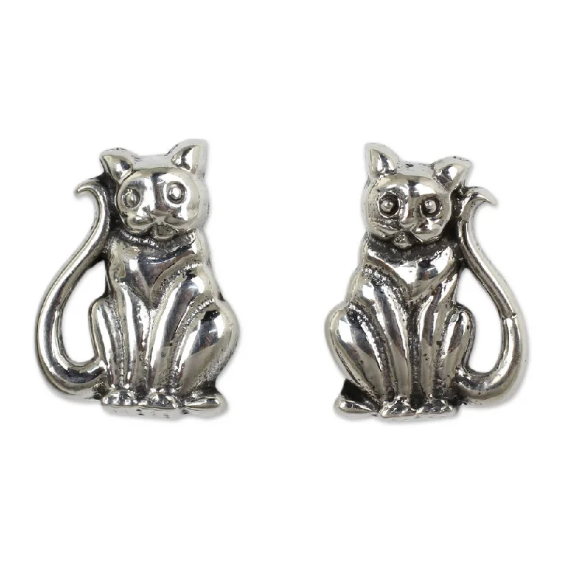 Hypoallergenic Drop Earrings for Sensitive -NOVICA Handmade Sterling Silver 'Contented Kittens' Earrings (Thailand)