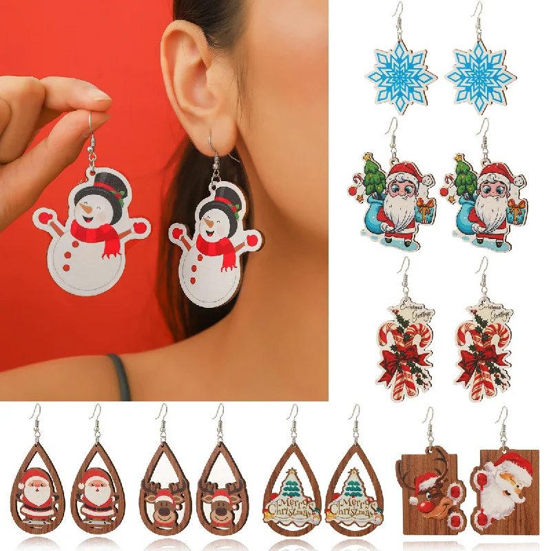 Vintage Drop Earrings with Patina -Wholesale Christmas Wood Snowflake Exaggerated Christmas Tree Earrings