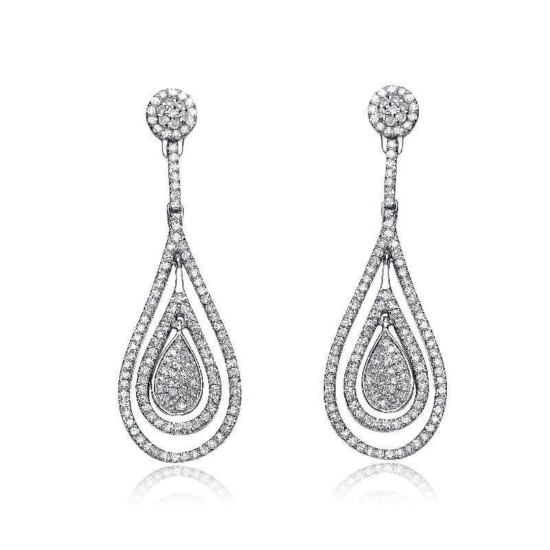 Clip On Drop Earrings for Non Pierced -Cz Ss Rhodium Plated Outlined Teardrop Earrings