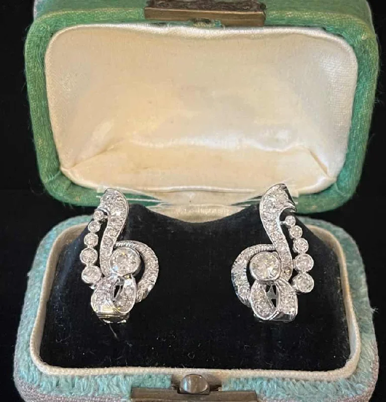 Hoop earrings with rhinestone-studded rims for a glamorous touch-1930s Platinum 3.61ct Diamond Cluster Earrings