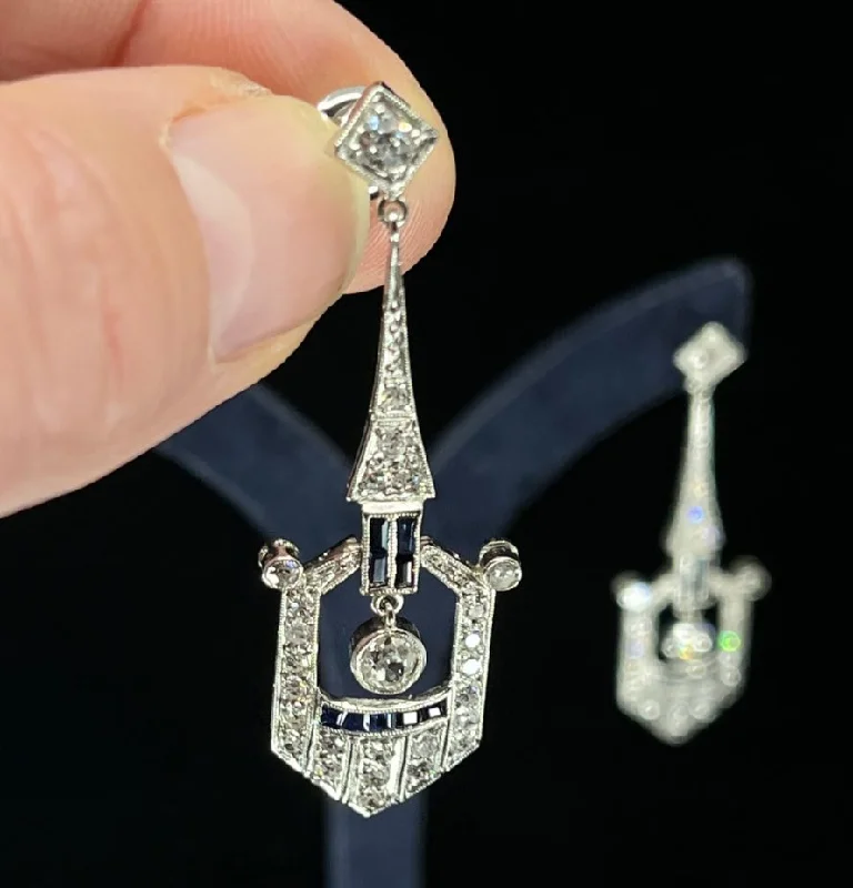 Best hoop earrings with angel wing accents for a spiritual and meaningful design-Art Deco Platinum Diamond and Sapphire Earrings