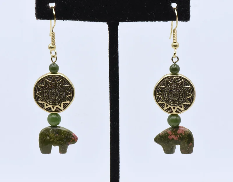 Best hoop earrings with stacked layers for a dimensional and bold look-Carved Unakite Bears and Jade Dangle Earrings