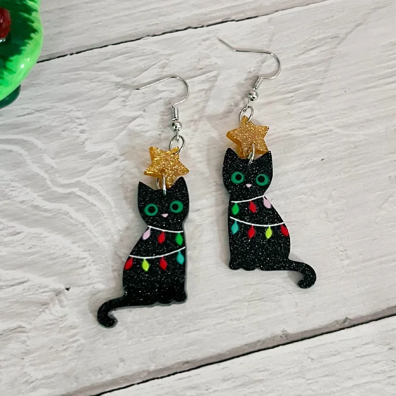 Best hoop earrings with vintage-style detailing for a nostalgic and timeless look-Christmas Cat Earrings- Black Glitter