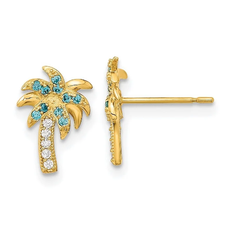 Hoop earrings with textured finishes for a vintage and classic style-Curata 14k Madi K Blue and Clear CZ Cubic Zirconia Simulated Diamond Palm Tree Post Earrings Measures 11.2x7.6mm Wide