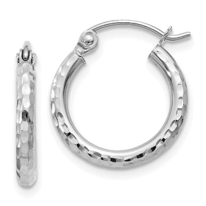 Hoop earrings with polished silver finish for a shiny, modern appeal-Curata 14k White Gold Rhodium-plated Diamond-cut 2x15mm Round Hoop Earrings