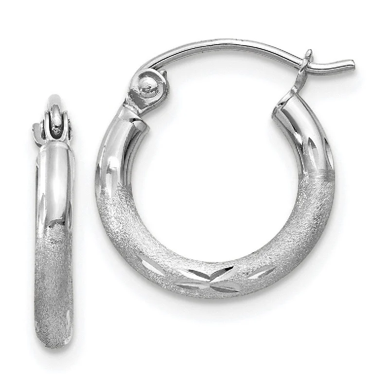 Best hoop earrings with oval shapes for a unique and elongated design-Curata 14k White Gold Satin and Sparkle Cut 9x2mm Round Hoop Earrings