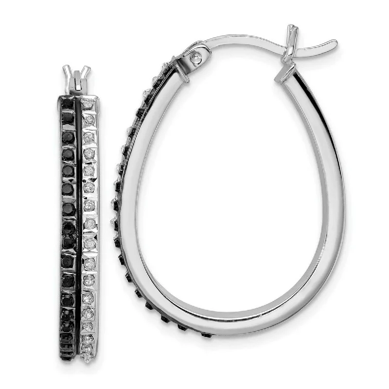 Stylish hoop earrings with diamond accents for an elegant and sparkling effect-Curata 925 Sterling Silver Polished and Platinum Plated B And W Diamond Mystique Oval Hinged Hoop Earrings Zzzzs R Mea