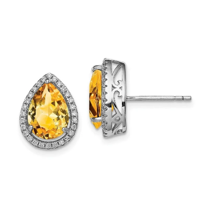 Hoop earrings with abstract shapes for an artistic and creative touch-Curata 925 Sterling Silver Polished Citrine and CZ Cubic Zirconia Simulated Diamond Post Earrings Measures 14x11mm Wide