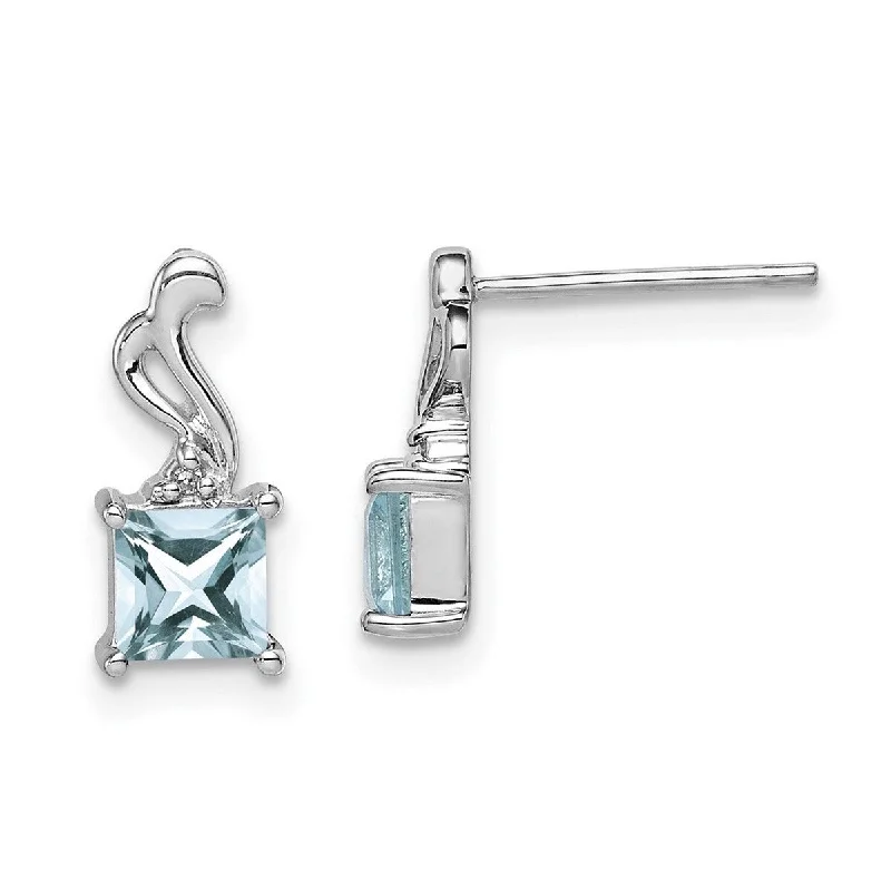 Best hoop earrings with butterfly motifs for a playful and whimsical appearance-Curata 925 Sterling Silver Polished Rhodium Plated Diamond Aquamarine Square Post Earrings Measures 11x4mm Wide