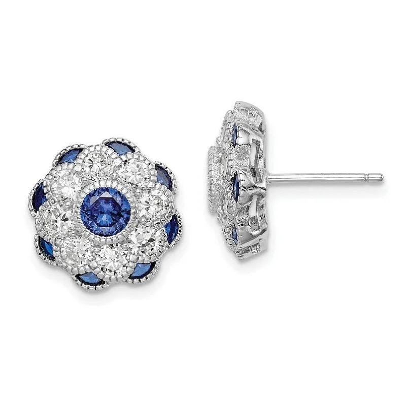 Hoop earrings with diamond-cut surfaces for added sparkle and shine-Curata 925 Sterling Silver Rh Plated Cubic Zirconia and Simulated Blue Spinel Flower Post Earrings Measures 1