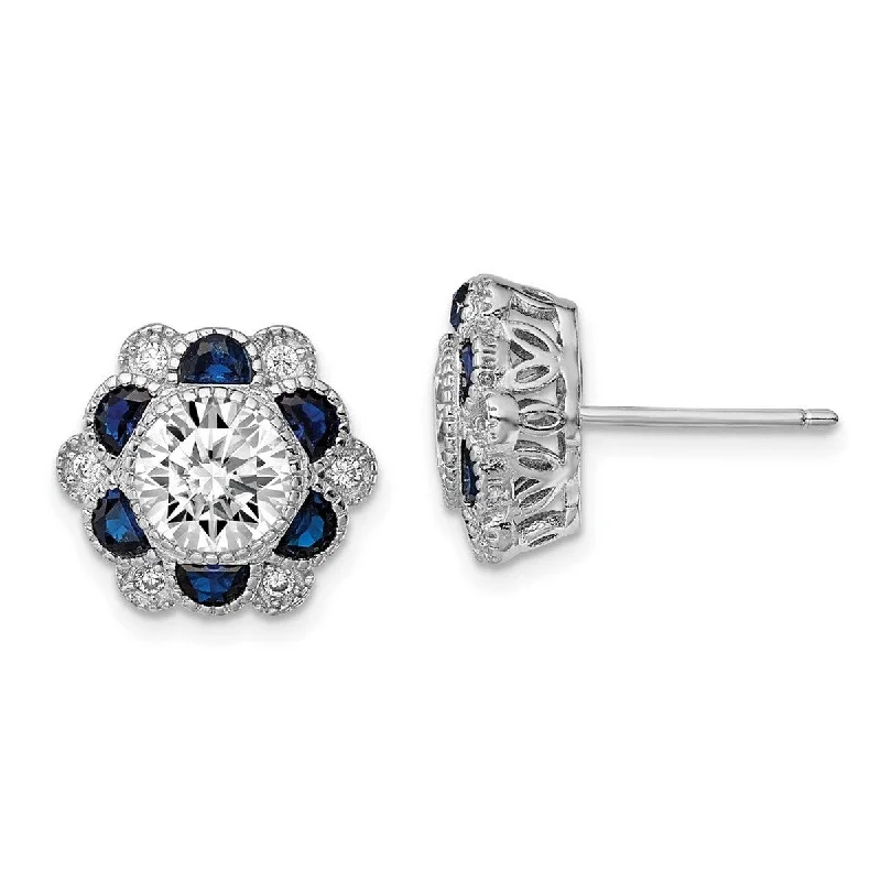 Best hoop earrings with geometric hexagon shapes for a modern, angular look-Curata 925 Sterling Silver Rhodium Plated Blue Spinel and CZ Cubic Zirconia Simulated Diamond Flower Post Earrings Measures