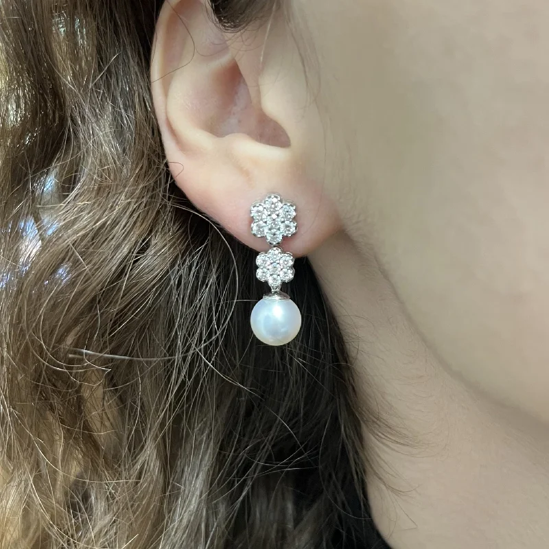 Best hoop earrings with rose gold for a romantic and warm aesthetic-Daisy Exclusive 1.68ct Diamond Flower South Sea Pearl Drop 18k Gold Earrings