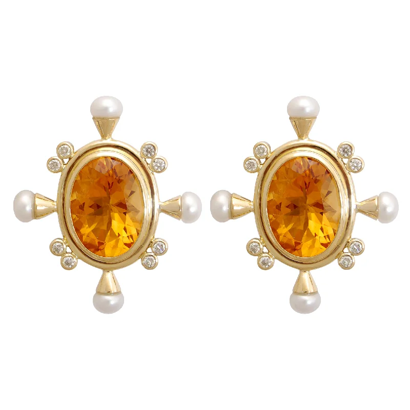 Hoop earrings with a matte finish for a sleek and sophisticated appearance-Earrings - Citrine, Pearl And Diamond