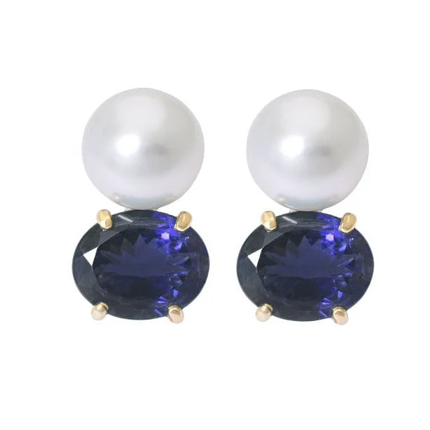 Hoop earrings with braided patterns for a detailed and textured finish-Earrings- Iolite and South Sea Pearl