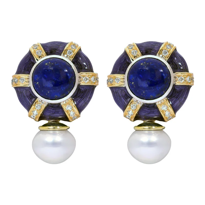 Best hoop earrings with delicate chain details for a trendy and stylish design-Earrings- Lapis Lazuli, Sea South Pearl and Diamond (Enamel)