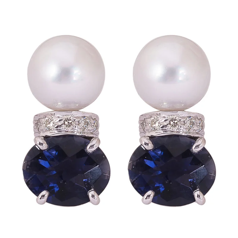 Hoop earrings with polished silver finish for a shiny, modern appeal-Earrings- Pearl, Iolite and Diamond