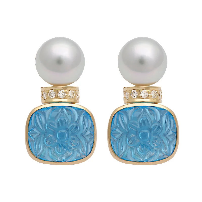 Hoop earrings with open designs for a modern, lighthearted vibe-Earrings - South Sea Pearl, Blue Topaz And Diamond