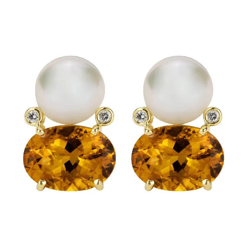 Hoop earrings with polished silver finish for a shiny, modern appeal-Earrings - South Sea Pearl, Citrine And Diamond