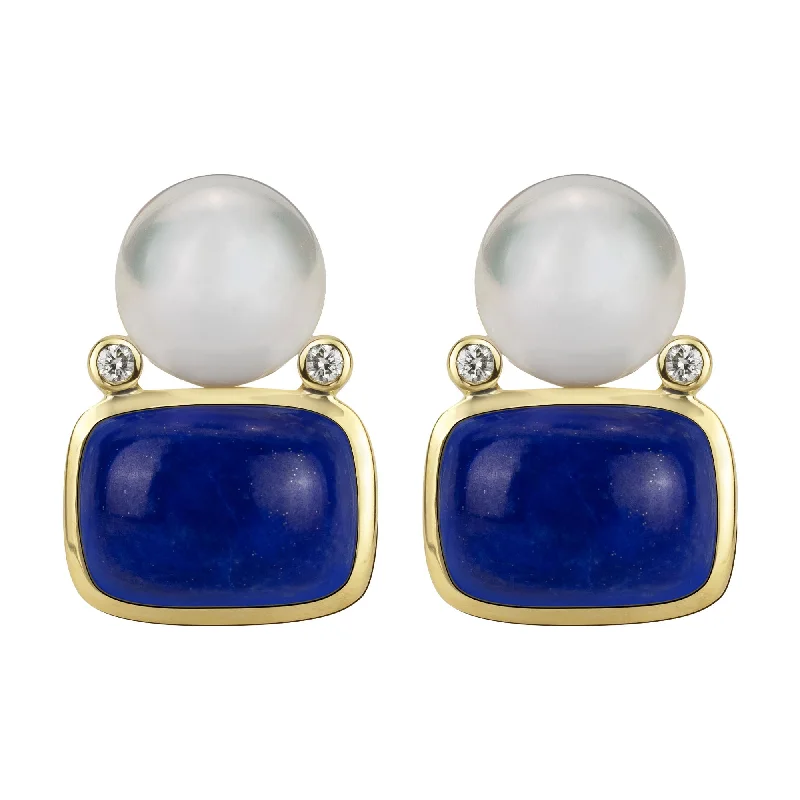 Hoop earrings with leather accents for a sleek and bold combination-Earrings - South Sea Pearl, Lapis Lazuli And Diamond